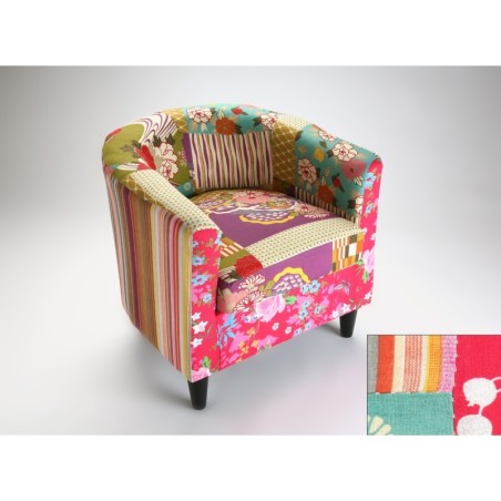 Fauteuil cabriolet motif patchwork coloré style bohème pieds bois noir