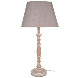 Lampe de chevet classique pied en bois tourné patiné et abat-jour gris