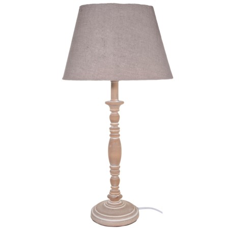 Lampe de chevet classique pied en bois tourné patiné et abat-jour gris