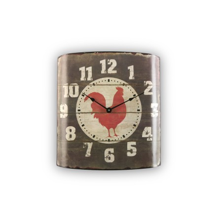 Horloge murale carrée rouge style bistrot vintage avec motif coq