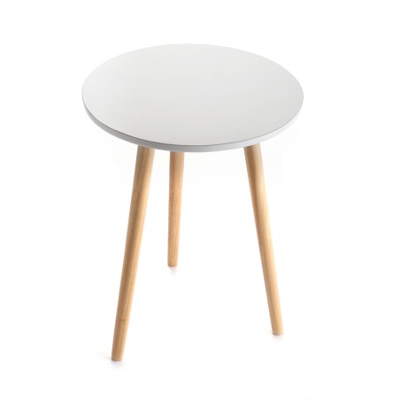 Table d'appoint scandinave blanche plateau rond et pieds compas bois