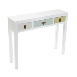 Console scandinave blanche avec 3 tiroirs aux motifs pastel doux