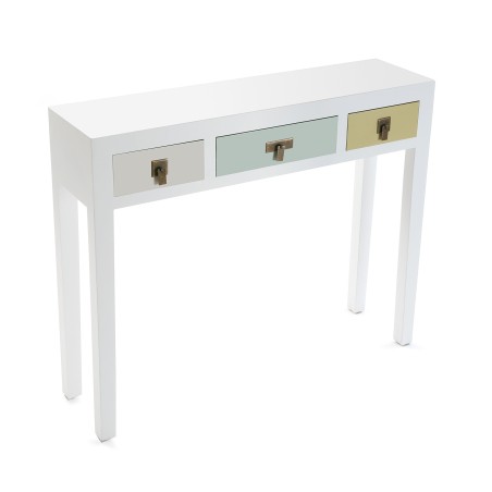Console scandinave blanche avec 3 tiroirs aux motifs pastel doux