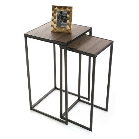 Duo de tables hautes industrielles avec plateau bois chêne et pieds métal noir